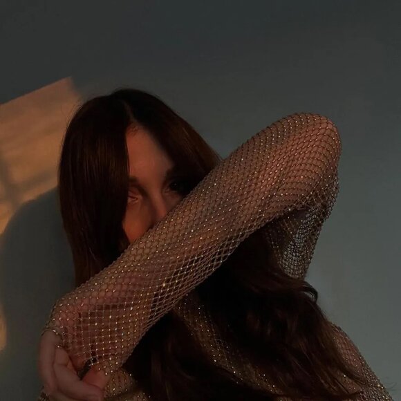 Free People Filter Finish Long Sleeve Embellished Mesh Top in Stone - Picture 4 of 6